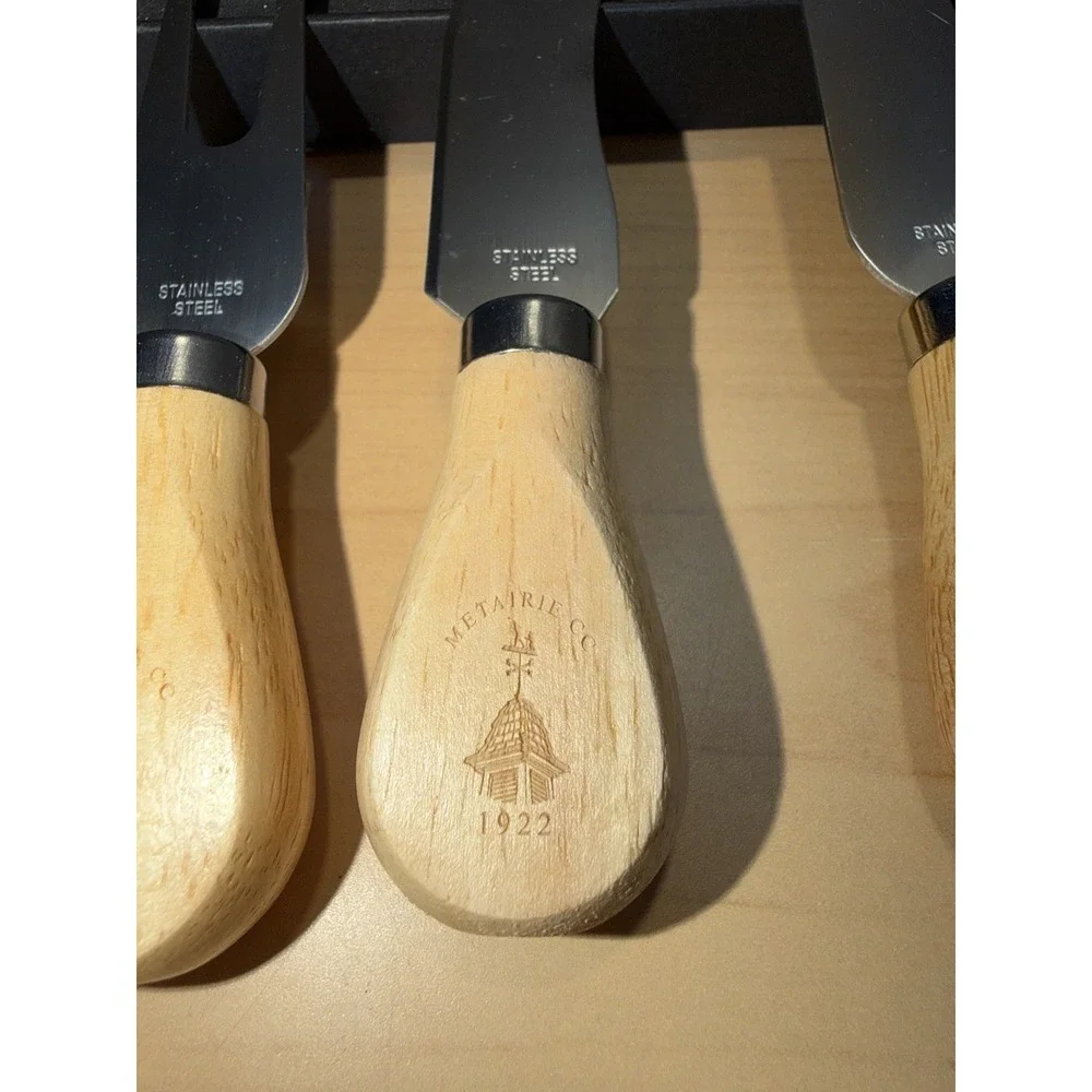 Metairie Country Club Branded Italian Cheese Knives 4 Piece Boxed Set Wood
